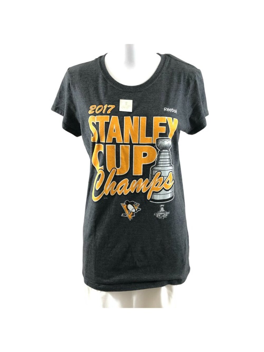 NHL Pittsburgh Penguins Womens T Shirt 2017 Stanley Cup Champs Reebok Gray L